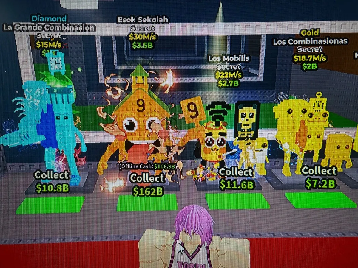A player base displays several collected Brainrots including La Grande Combinasion and other high-value units.