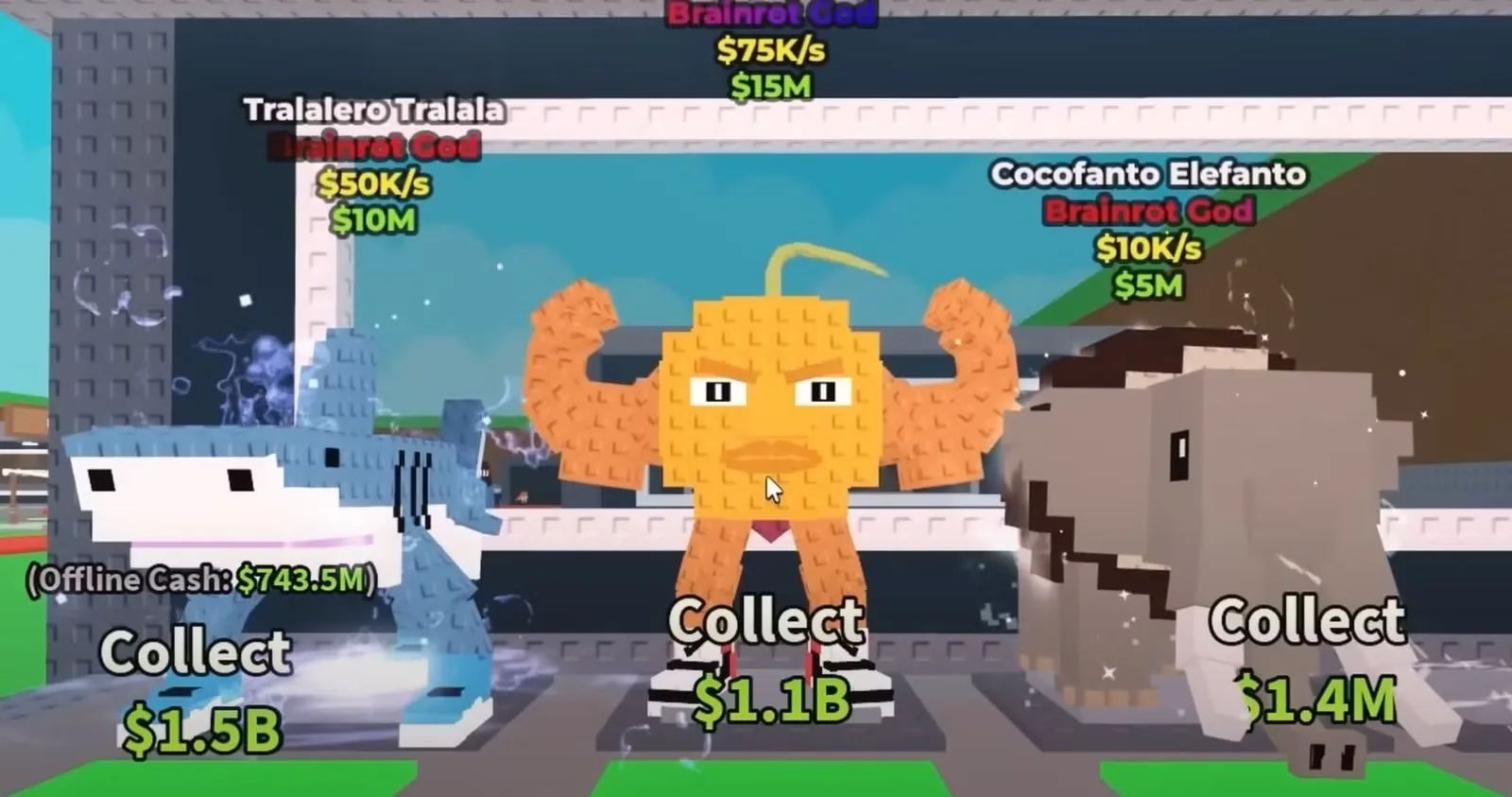 Tralalero Tralala and Cocofanto Elefanto stand on collection pads inside a Steal a Brainrot base.