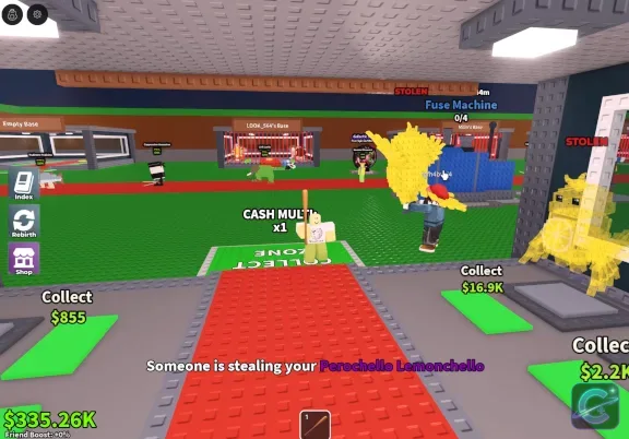 Roblox characters move through a crowded base while a warning reports that a Brainrot is being stolen.
