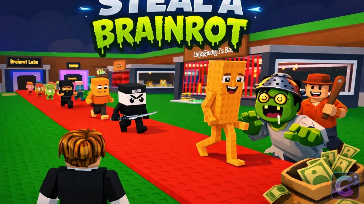 Multiple colorful Brainrots and Roblox avatars move along the Red Carpet between guarded bases.