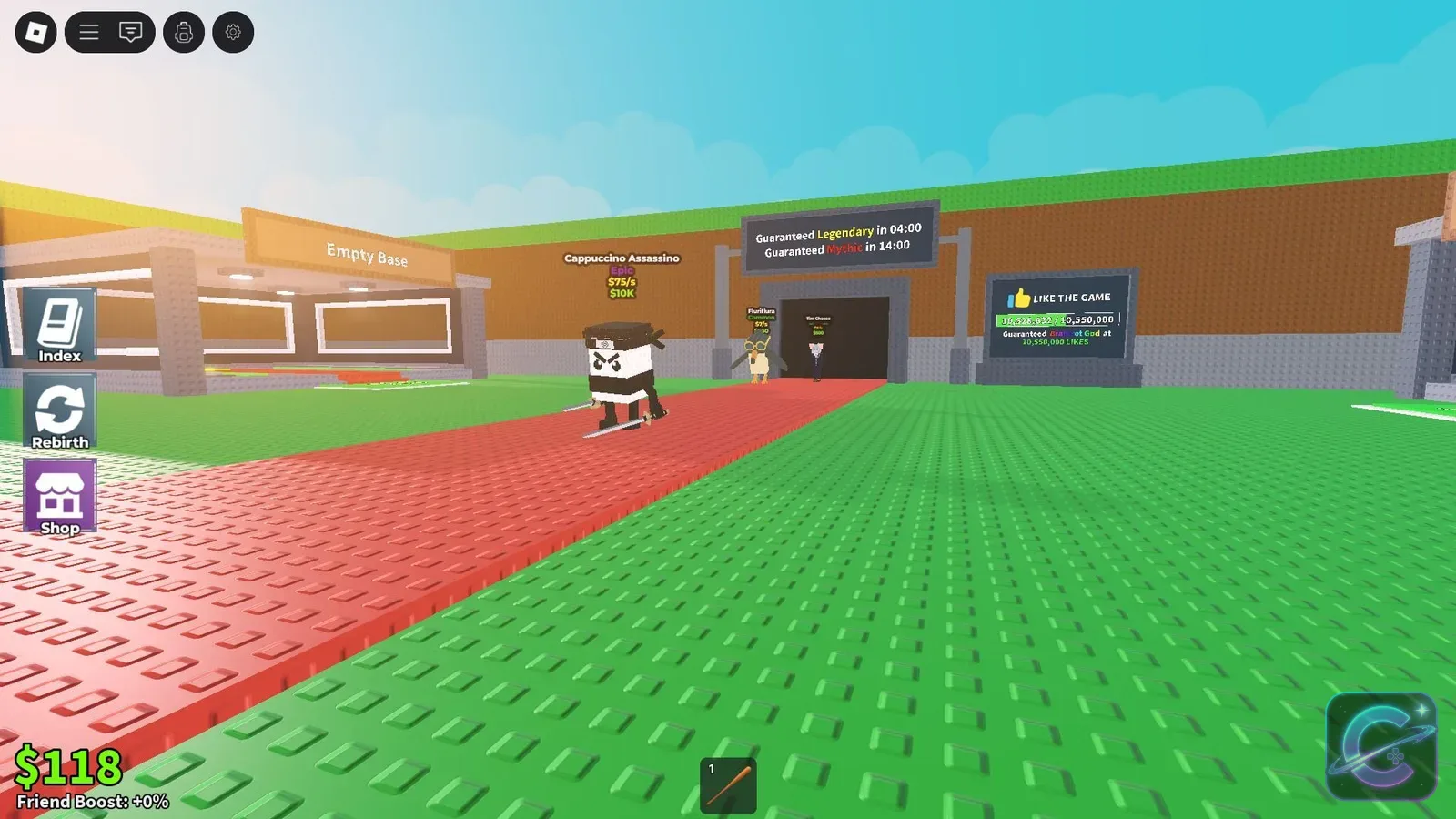 Cappuccino Assassino stands beside the Red Carpet while empty bases and rarity timers appear in the background.