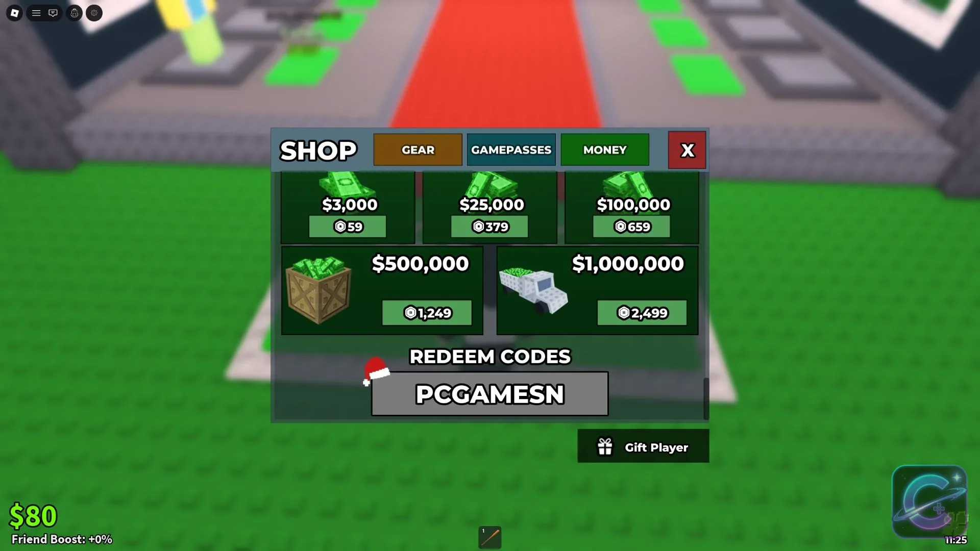 The Steal a Brainrot Shop displays its redeem code field beneath the available cash purchases.