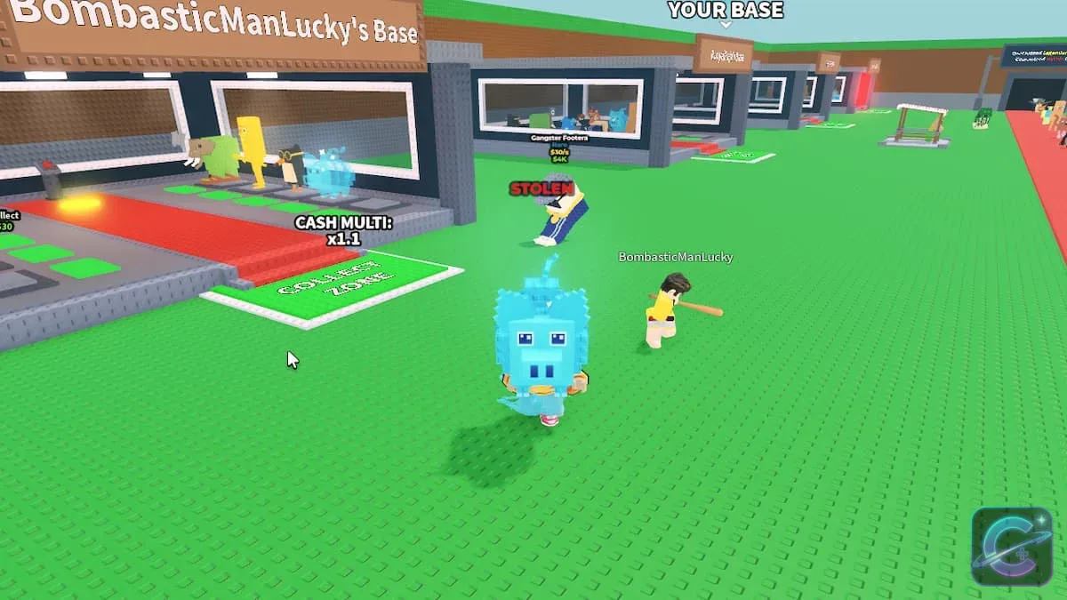 A Roblox character carries a stolen Brainrot away from another account's base while defenders approach.