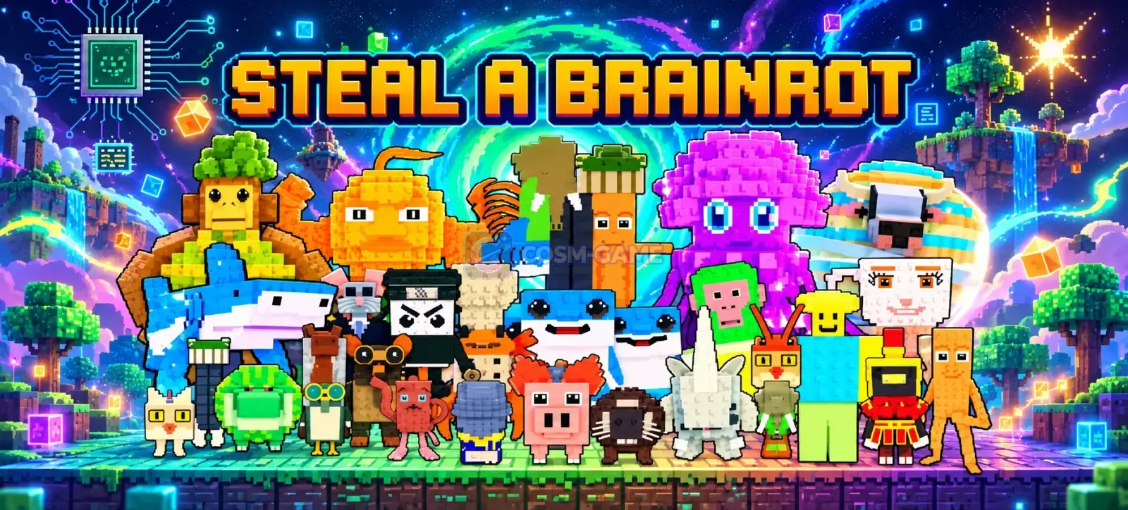 Steal a Brainrot promotional artwork featuring Roblox-style characters and Brainrots.
