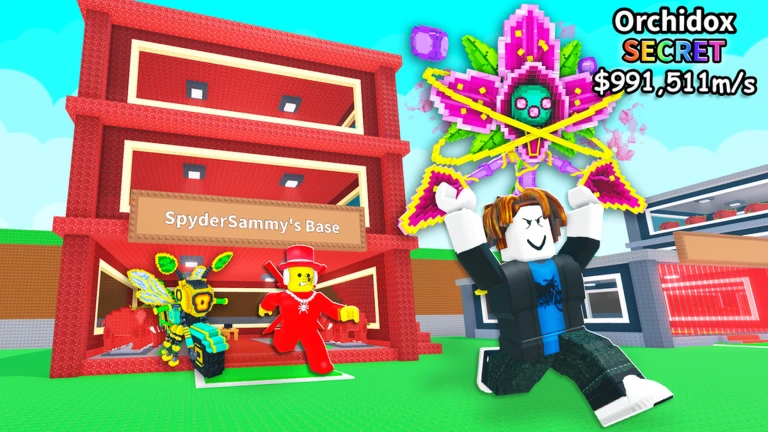 A Roblox avatar stands inside SpyderSammy's Base near an Orchidox Secret Brainrot and its income display.