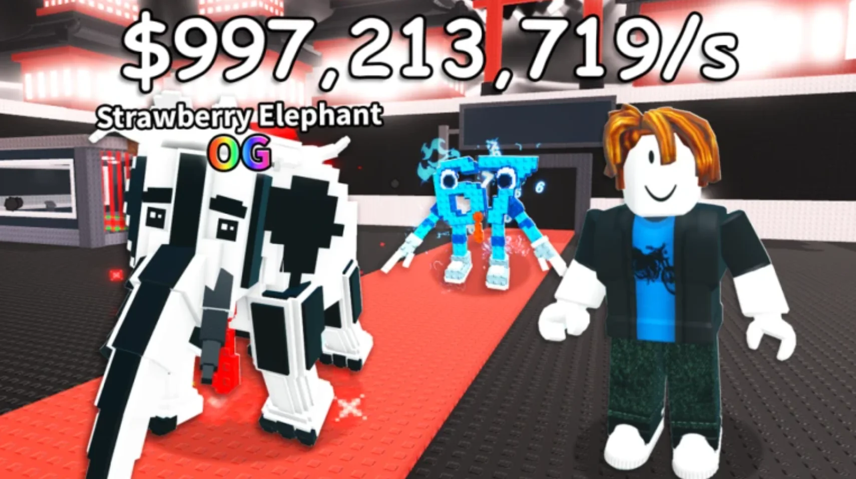 A player stands beside a Strawberry Elephant Brainrot with its rarity and income information visible.