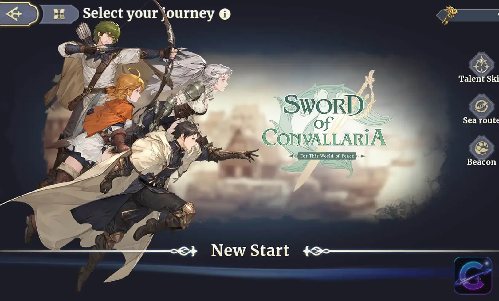 Sword of Convallaria characters rush forward beside the game logo on the journey selection screen.