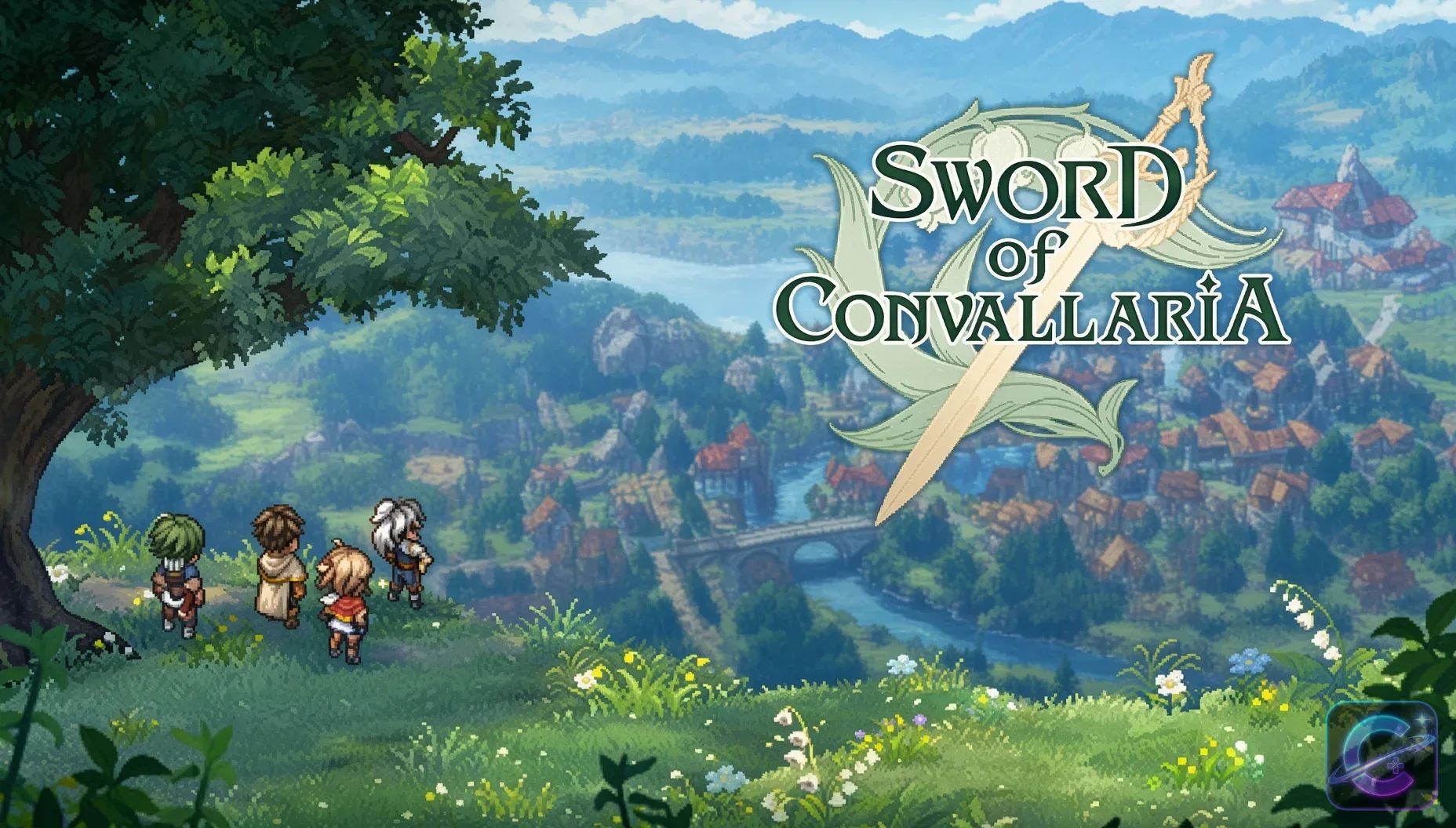 Four pixel-art adventurers overlook the green valleys, river, and town of Iria beneath the Sword of Convallaria logo.