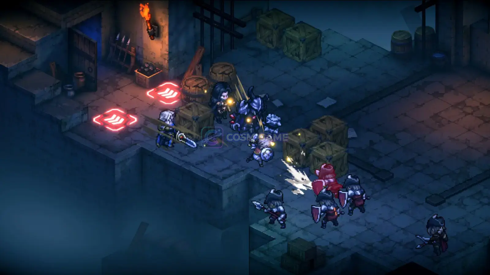 Pixel-art mercenaries travel through one of Iria's detailed environments in Sword of Convallaria.