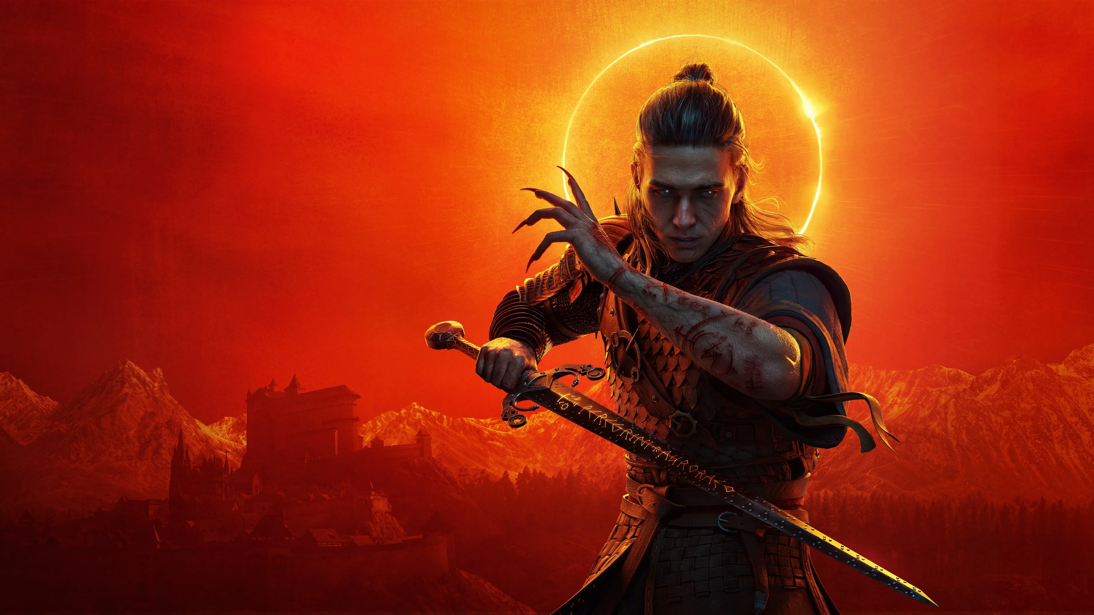 Coen standing beneath a red eclipse in The Blood of Dawnwalker key art.