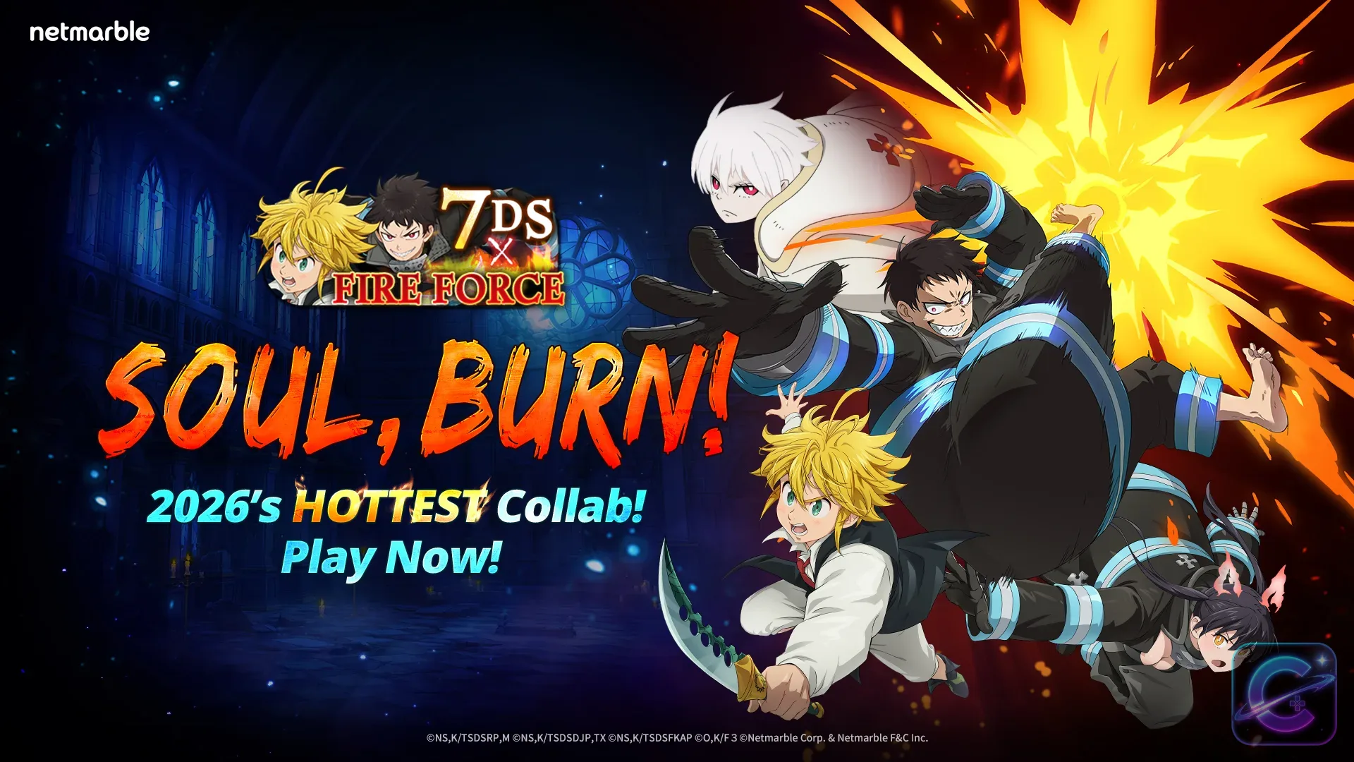 Shinra Kusakabe and Fire Force characters appear with Grand Cross heroes in the collaboration scene.