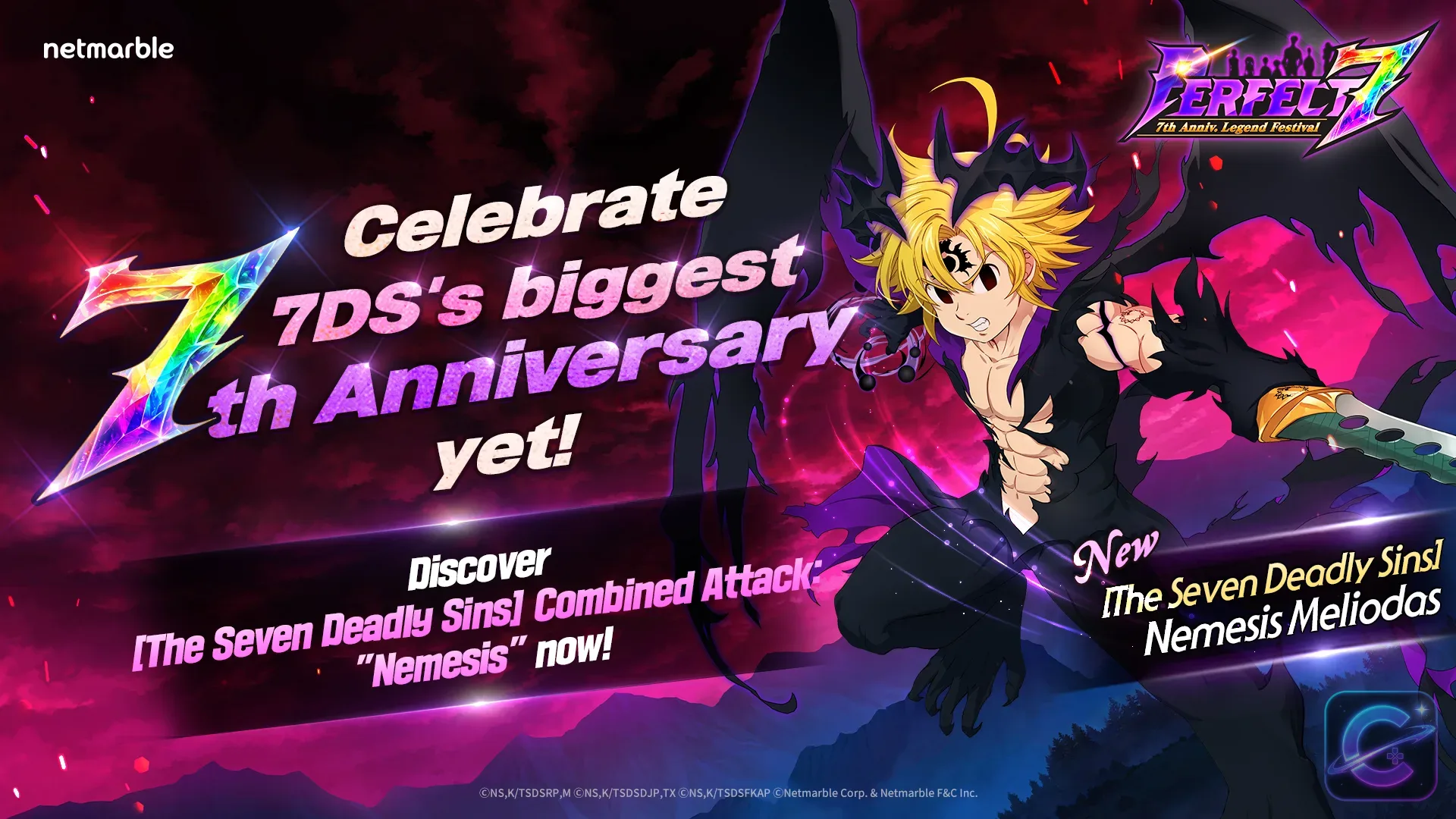 Nemesis Meliodas appears with anniversary characters in the Perfect 7 festival scene.