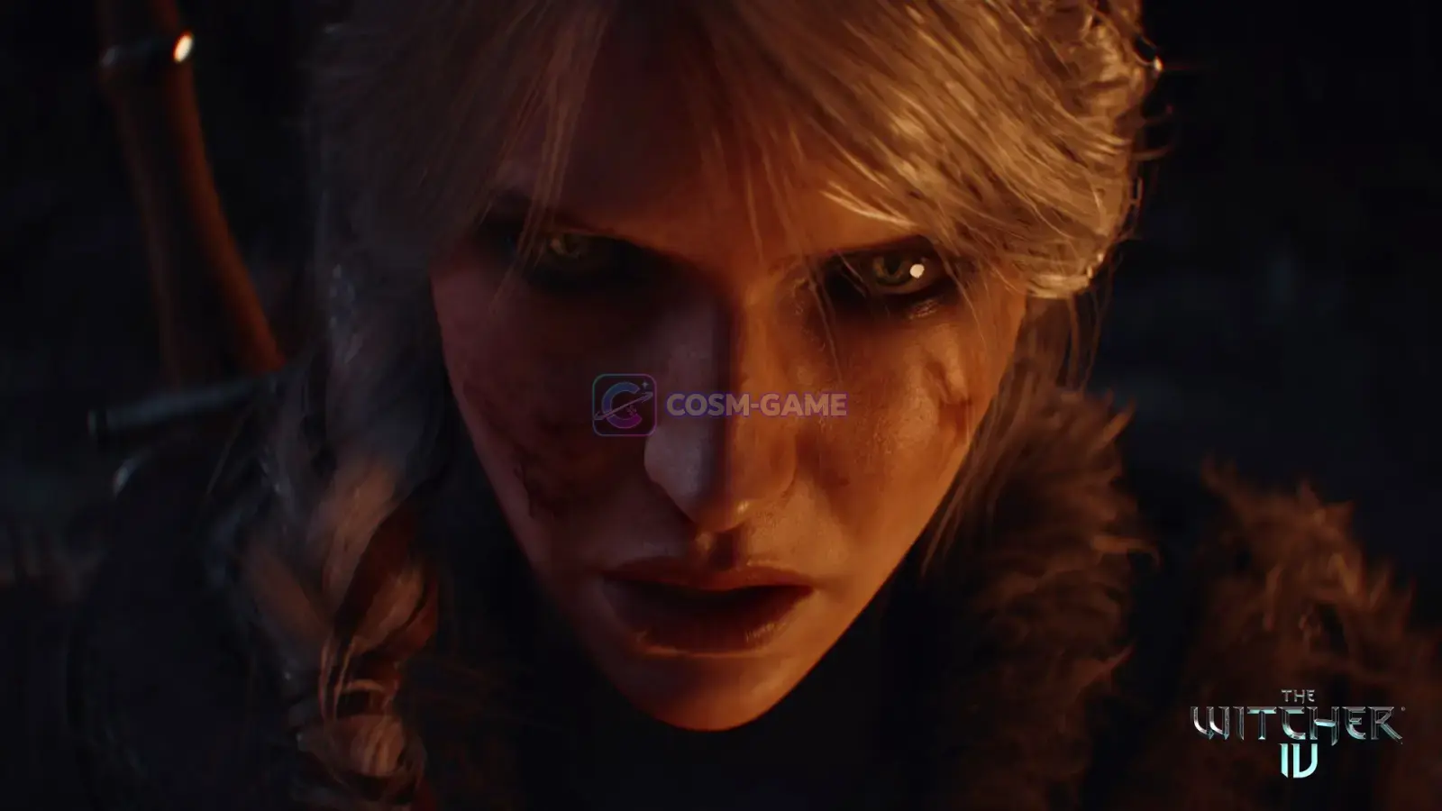 Ciri stands in a dark fantasy setting wearing her witcher gear and carrying her swords.
