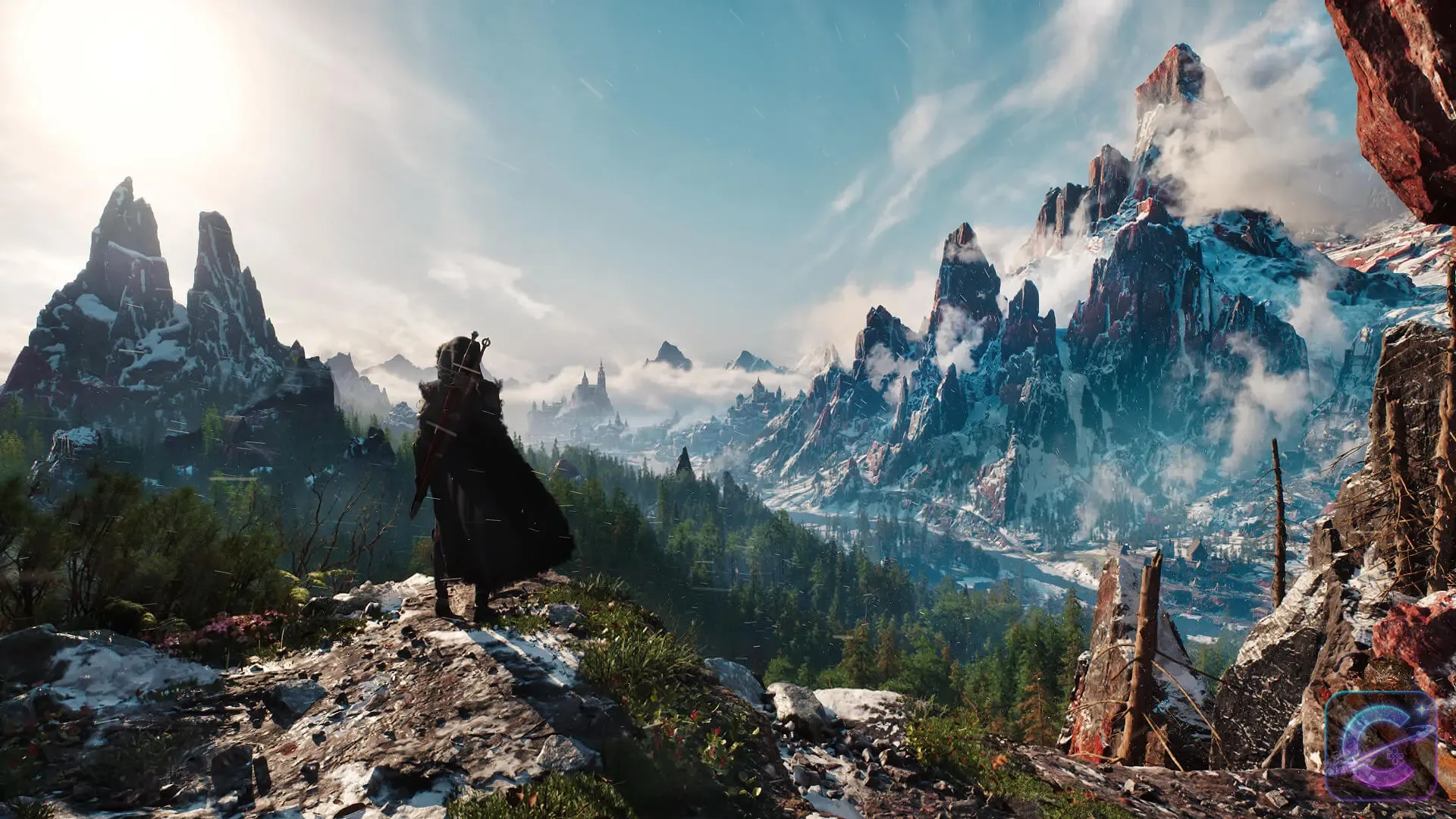 Ciri overlooking the mountainous region of Kovir in The Witcher 4