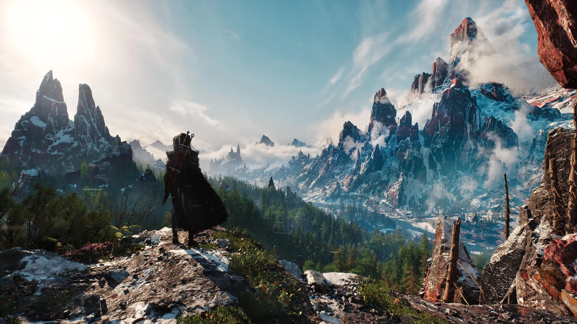 Ciri overlooking the mountains and forests of Kovir in The Witcher 4's official key visual.