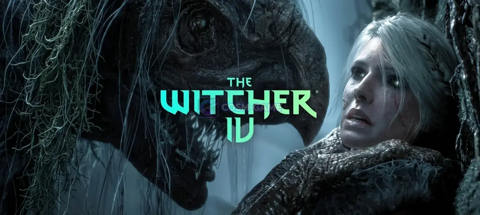 Ciri wears a fur-lined hood with two swords visible behind her.