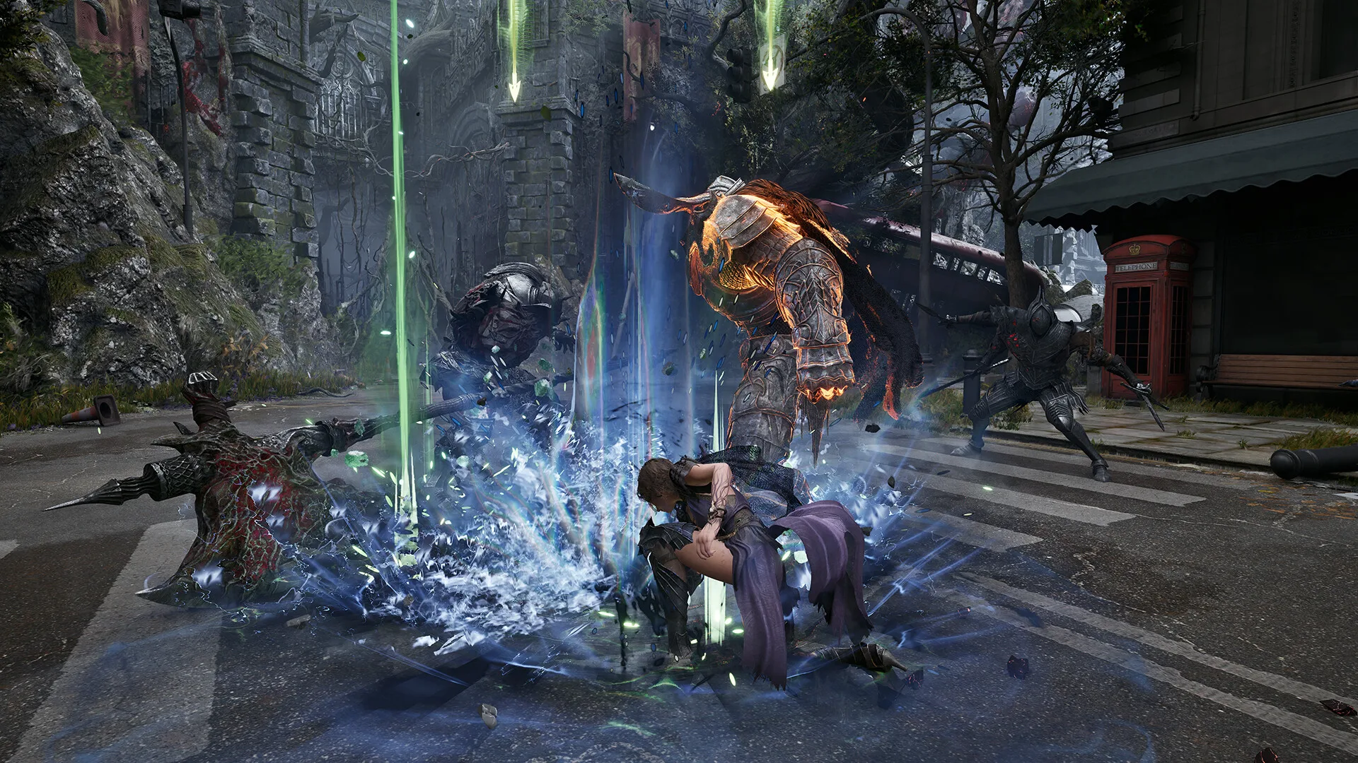 Gwendolyn faces a large armored boss enemy in an enclosed arena environment