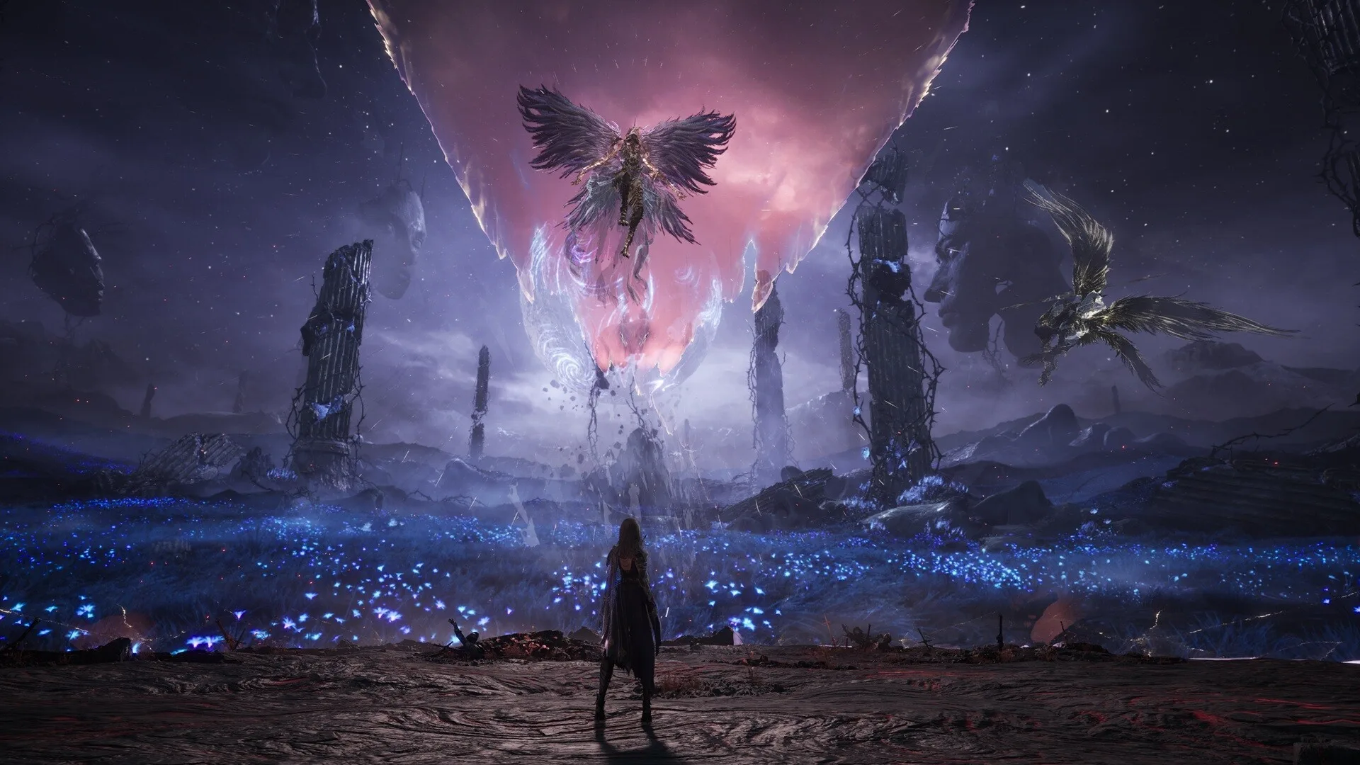Gwendolyn stands amid the ruined skyline of a fog-drenched London in Tides of Annihilation