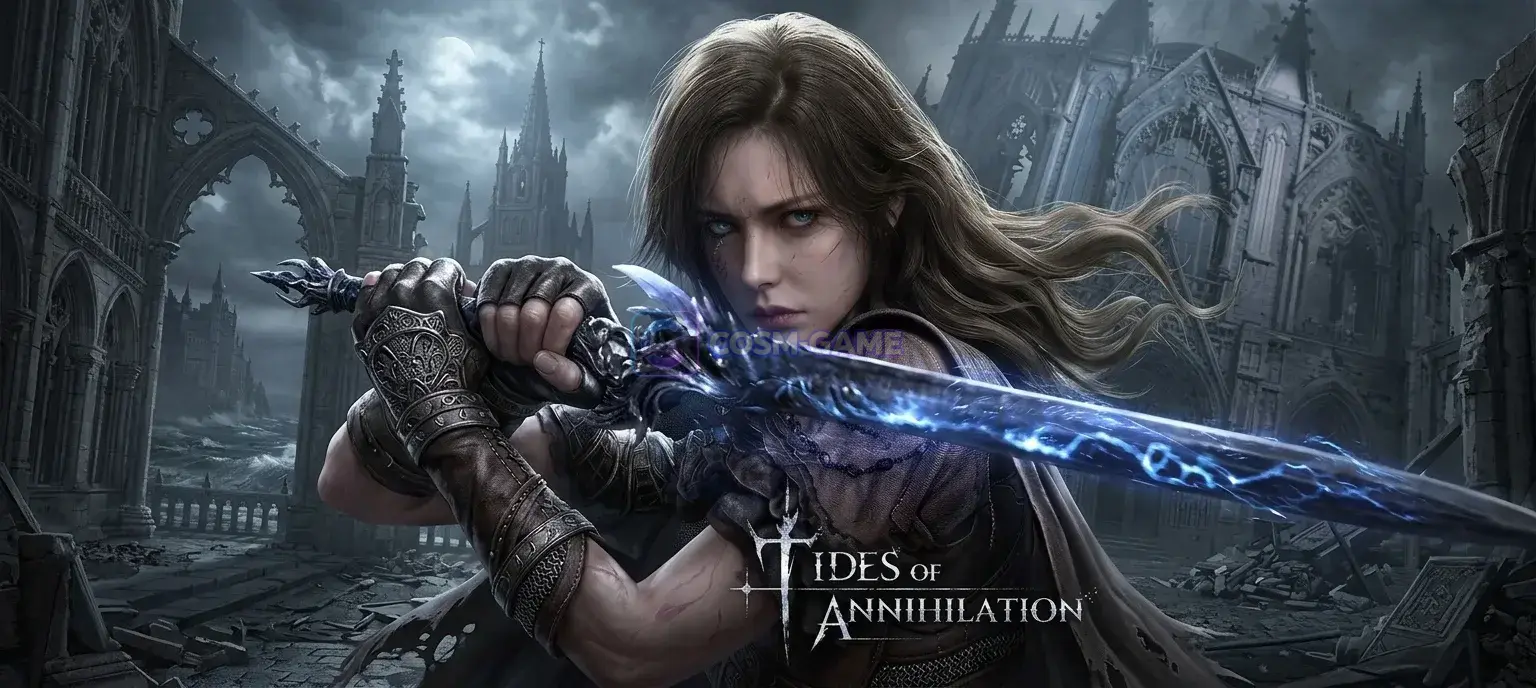 Gwendolyn stands amid the ruined skyline of a fog-drenched London in Tides of Annihilation