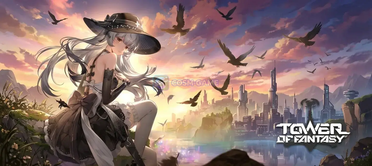 Tower of Fantasy characters appear across a futuristic landscape filled with blue light.