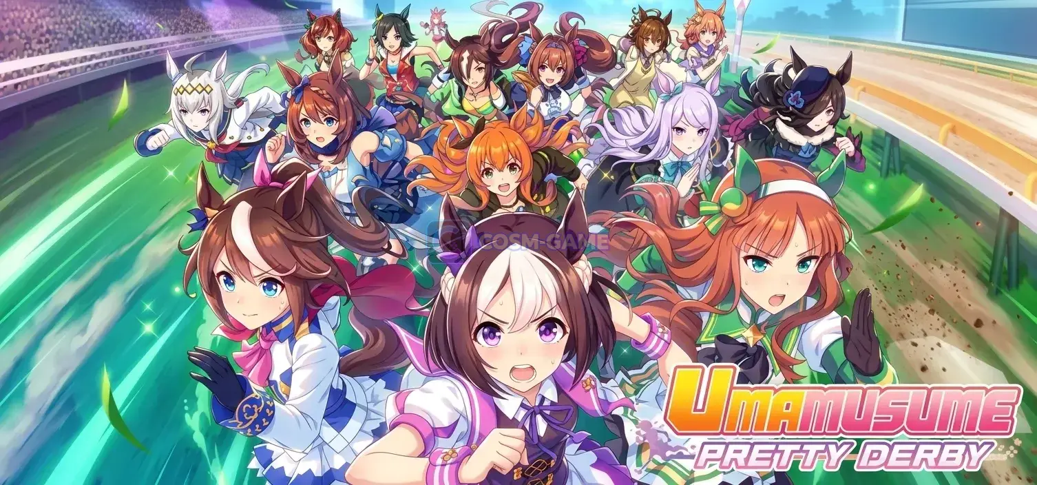 Two Umamusume sprint on a racetrack during a race scene in Umamusume: Pretty Derby.