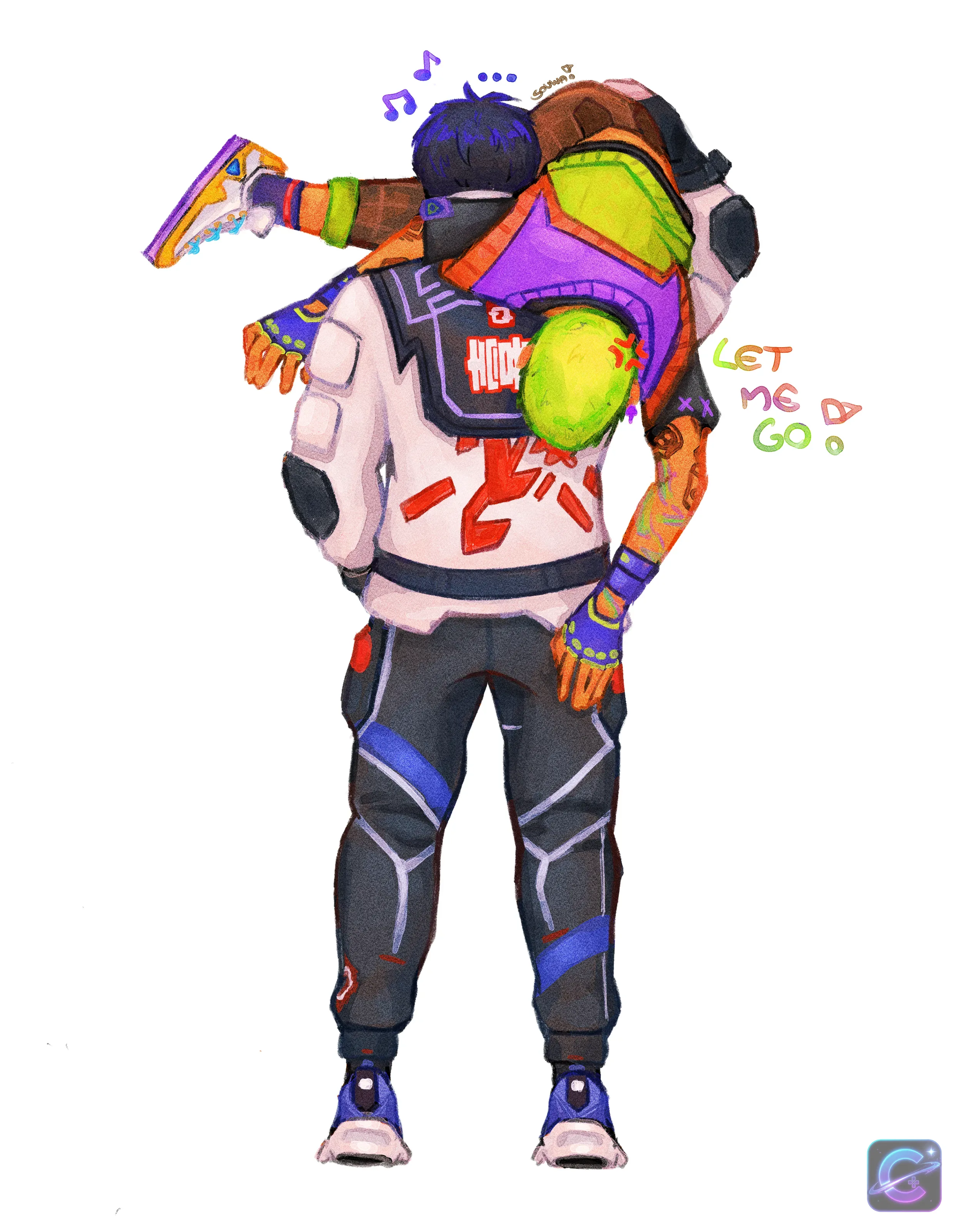 A VALORANT agent carries another agent over his shoulder while the lifted agent kicks playfully.
