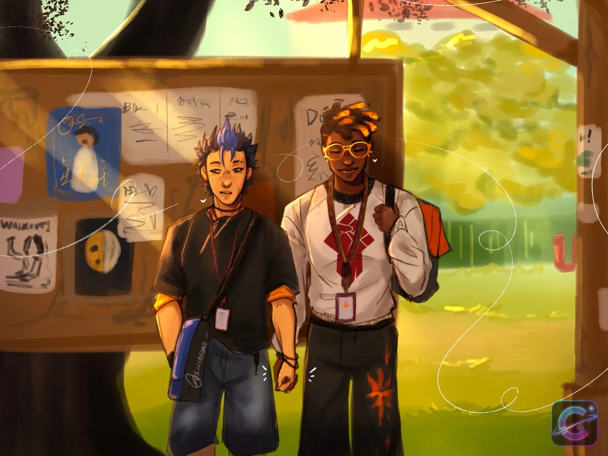 Two VALORANT agents stand together beside a bulletin board on a warm sunny day.