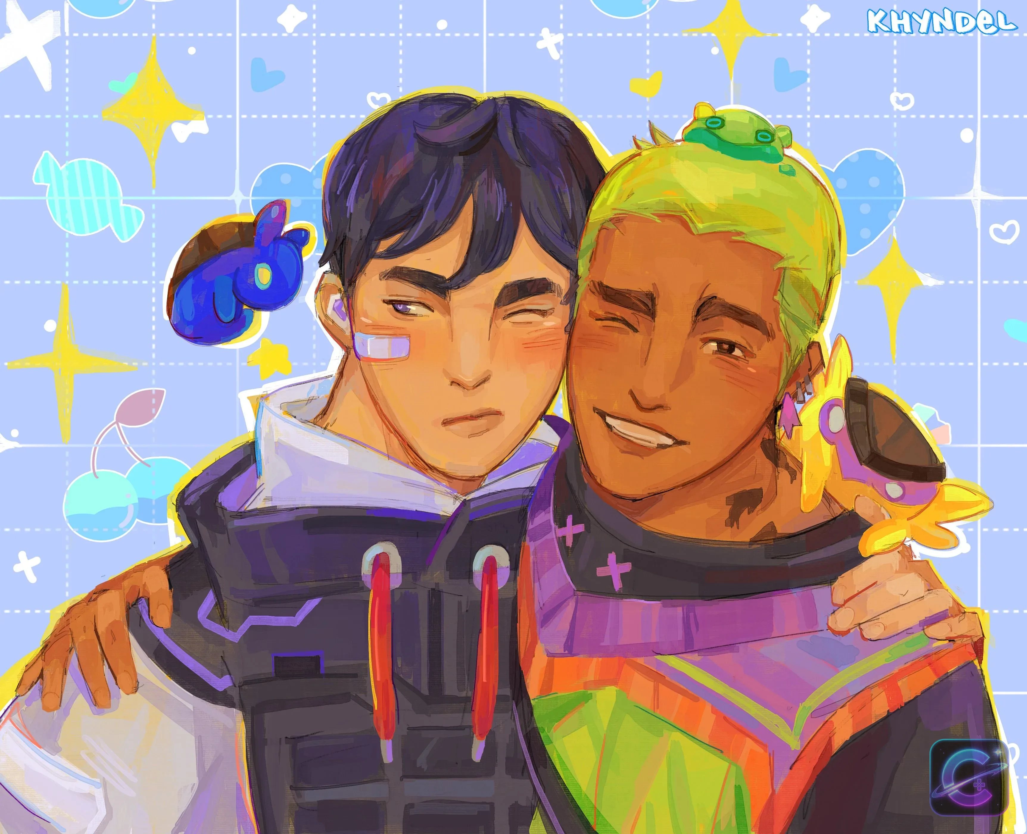 Two VALORANT agents stand shoulder to shoulder against a bright blue background decorated with colorful shapes.