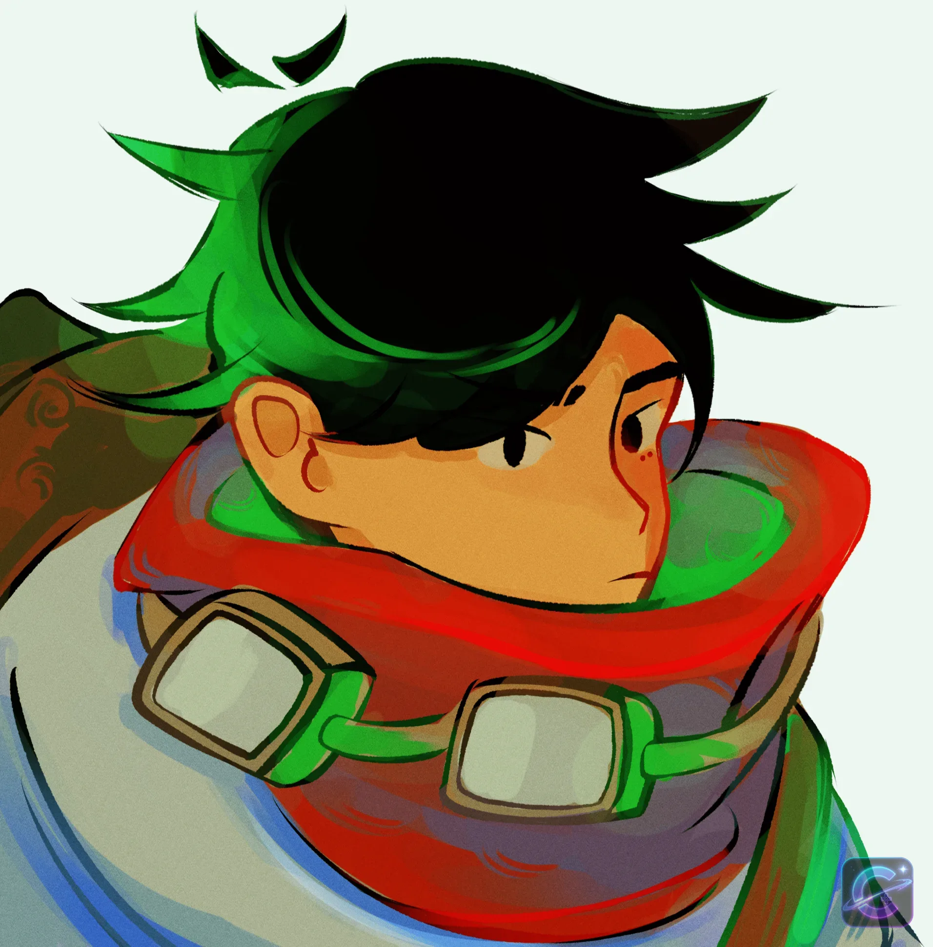 A VALORANT agent with black and green hair wears a red scarf and goggles around his neck.