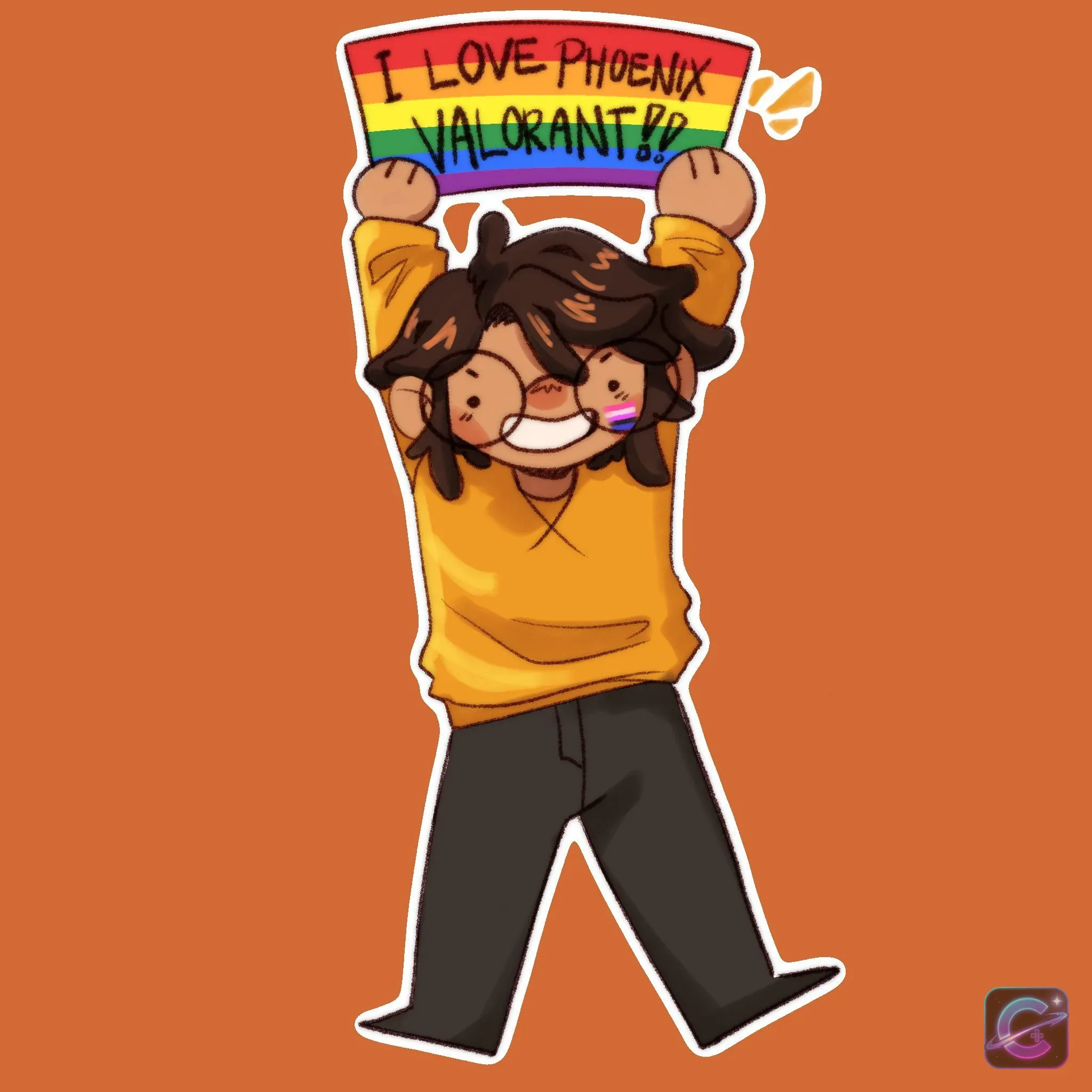 A smiling figure holds a rainbow sign reading I love Phoenix VALORANT against an orange background.