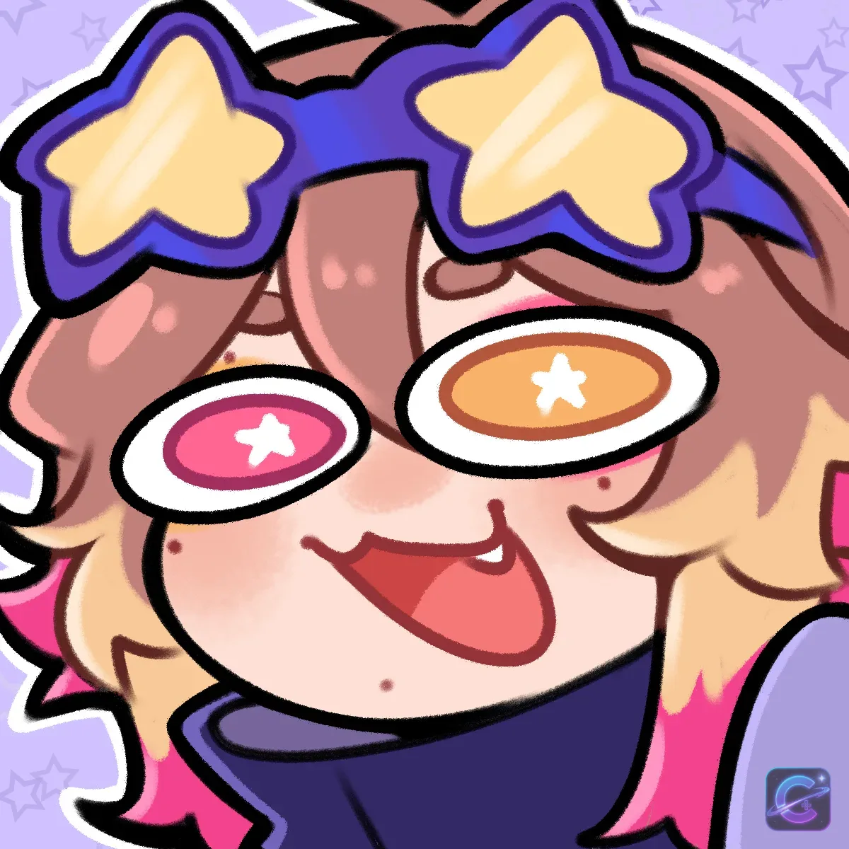 A cheerful stylized figure wears oversized star shaped glasses against a pale purple background.
