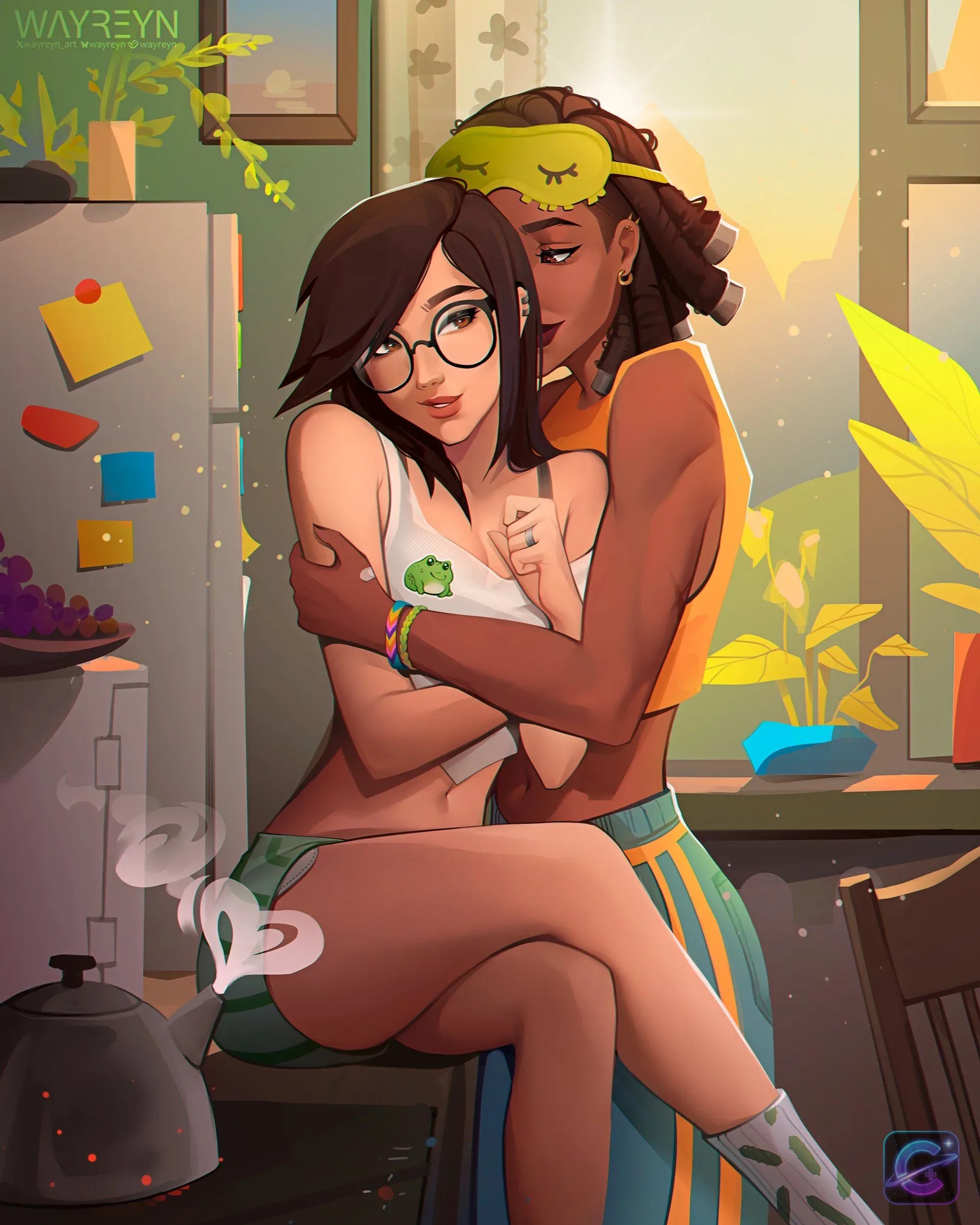Two VALORANT agents embrace in a sunlit kitchen filled with plants and colorful details.