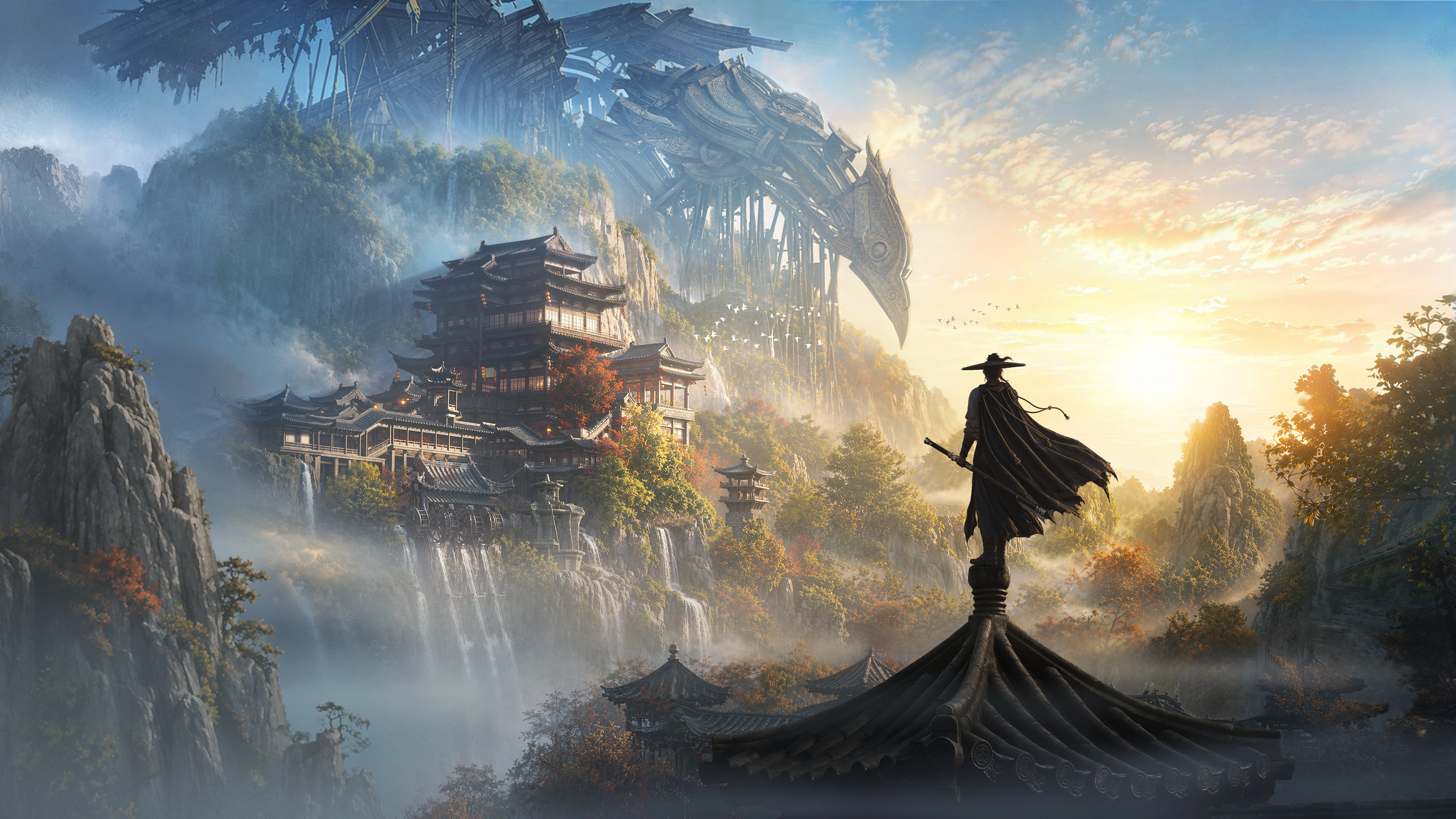 A lone Wanderer stands on a tiled rooftop overlooking cliffside buildings, waterfalls, autumn mountains, and a massive mechanical structure at sunrise.