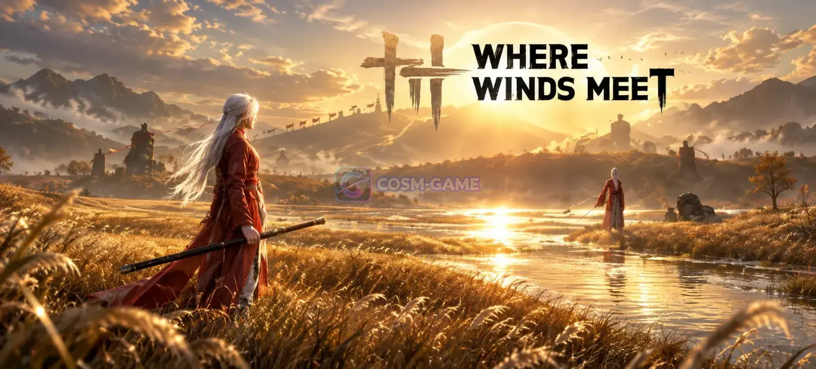 A lone Wanderer stands on a tiled rooftop overlooking cliffside buildings, waterfalls, autumn mountains, and a massive mechanical structure at sunrise.