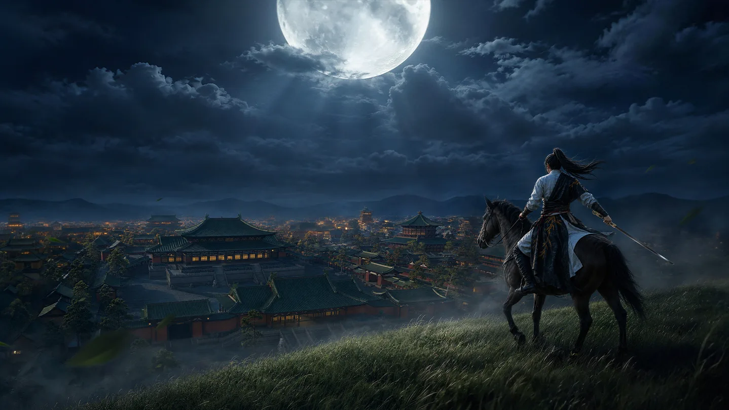 A sword-wielding rider on horseback overlooking a moonlit ancient city