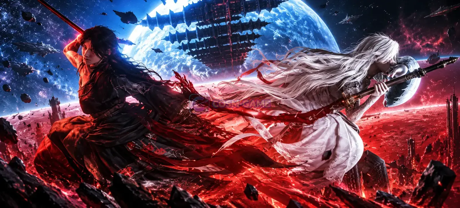 A Wanderer overlooks Hidden Mountain as mechanical structures rise among the peaks.
