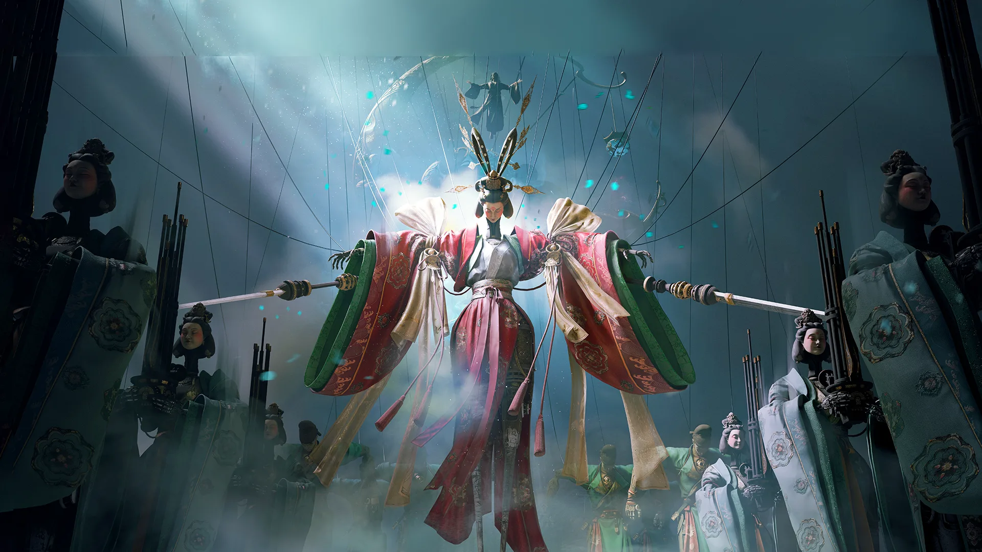 A Wanderer confronts large clockwork enemies inside the Hidden Mountain region.