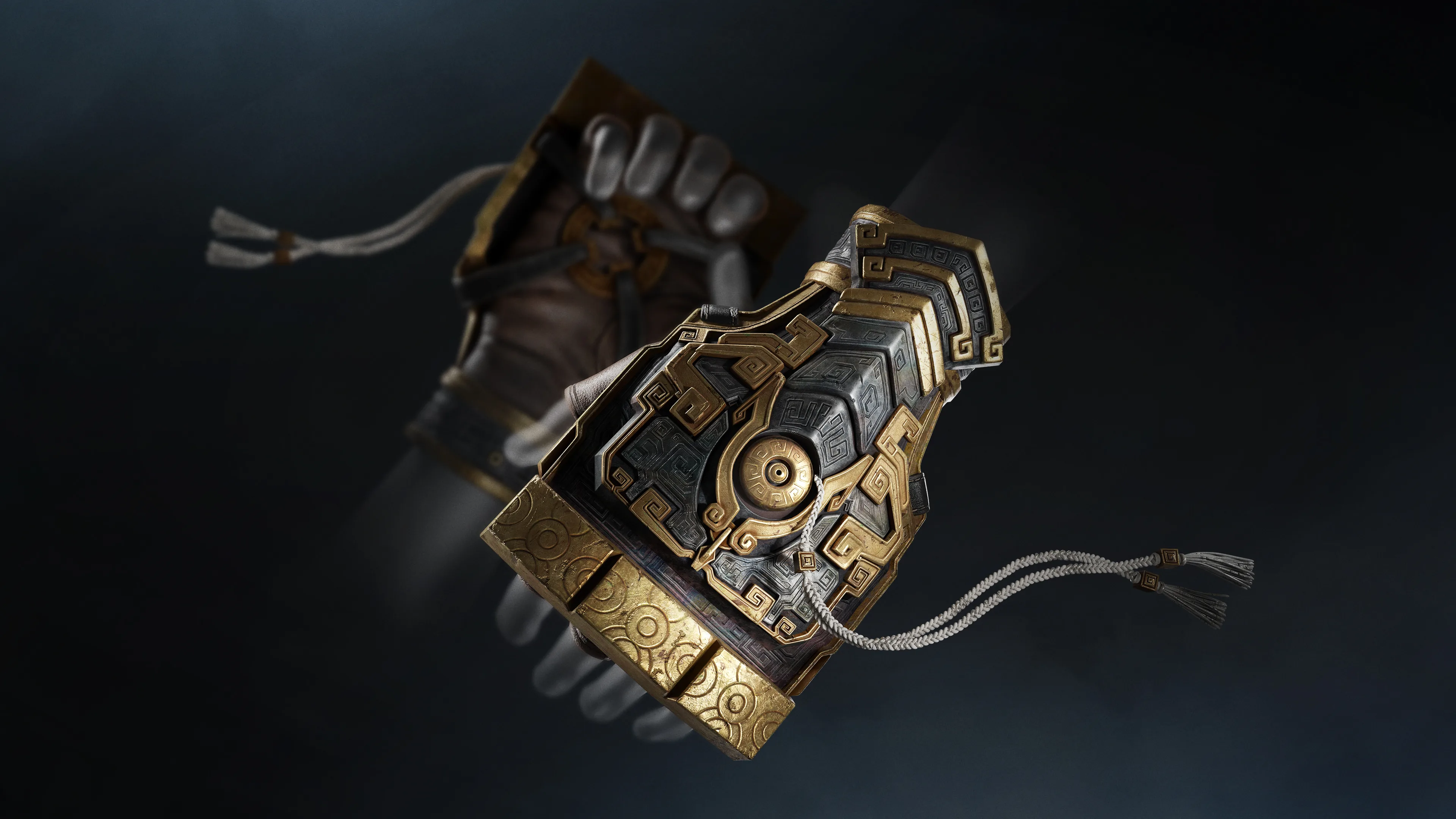 A pair of ornate mechanical gauntlets displays the detailed weapon design used in combat.