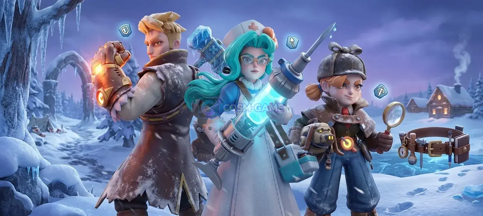Three bundled survivors look up from a snowy field beneath the Whiteout Survival logo.