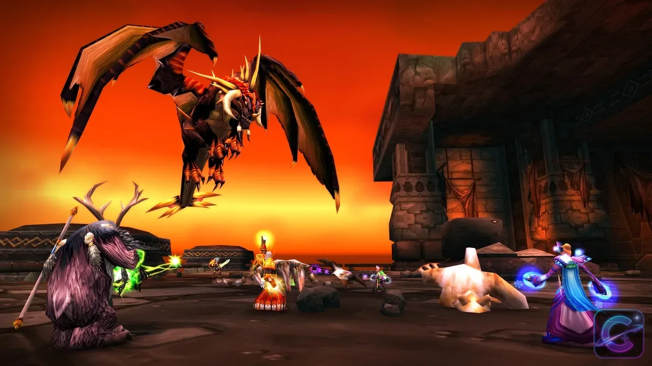 Players fighting a large black dragon inside Blackwing Lair.