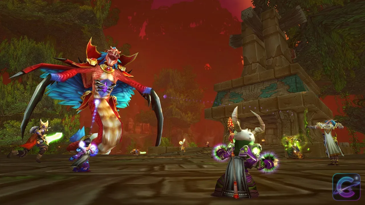A raid group confronting Hakkar among the temples of Zul'Gurub.