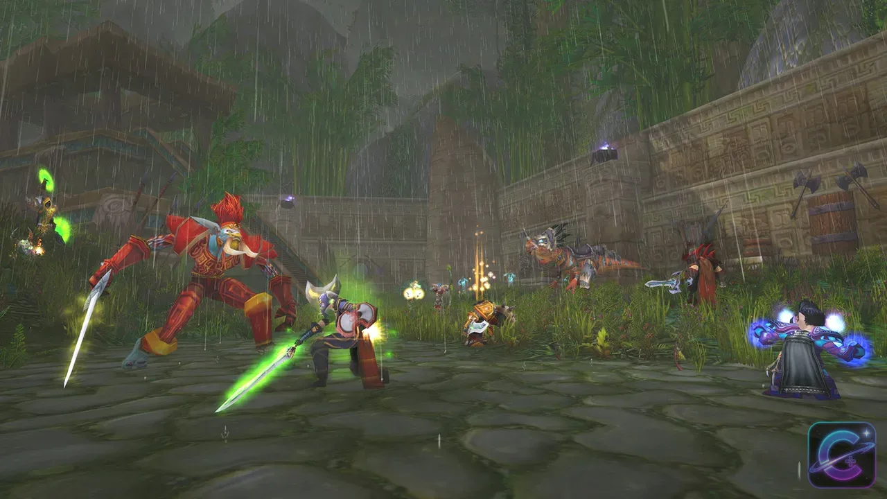 World of Warcraft Classic players fighting enemies inside the rain-soaked ruins of Zul'Gurub.