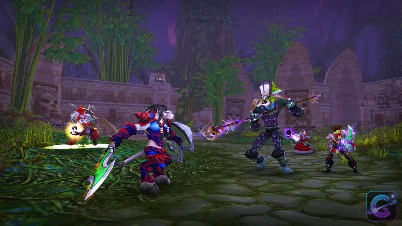 Adventurers fighting together among the ancient ruins and jungle of Zul'Gurub.