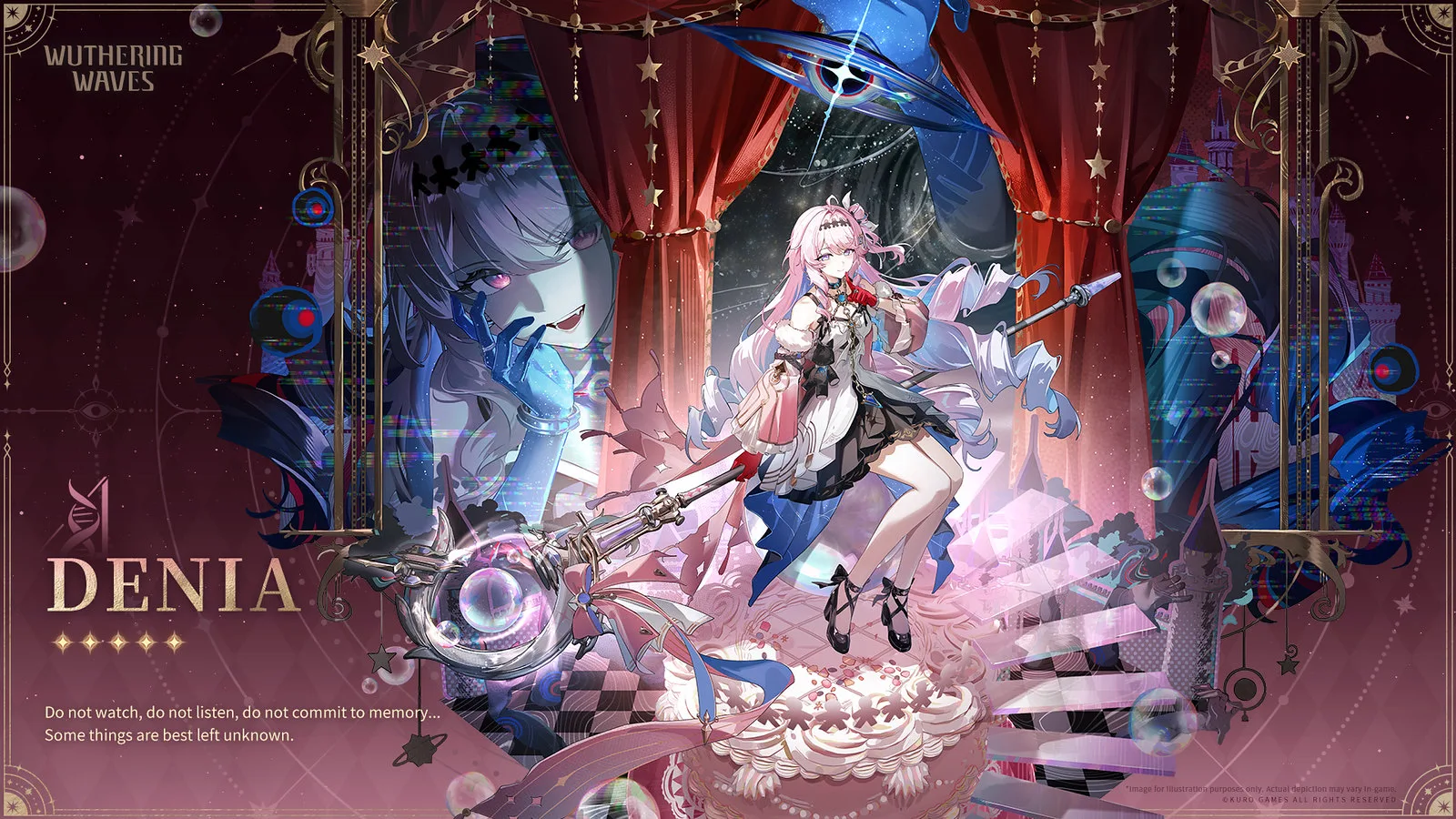 Denia amid bubbles and stage curtains in Wuthering Waves character artwork