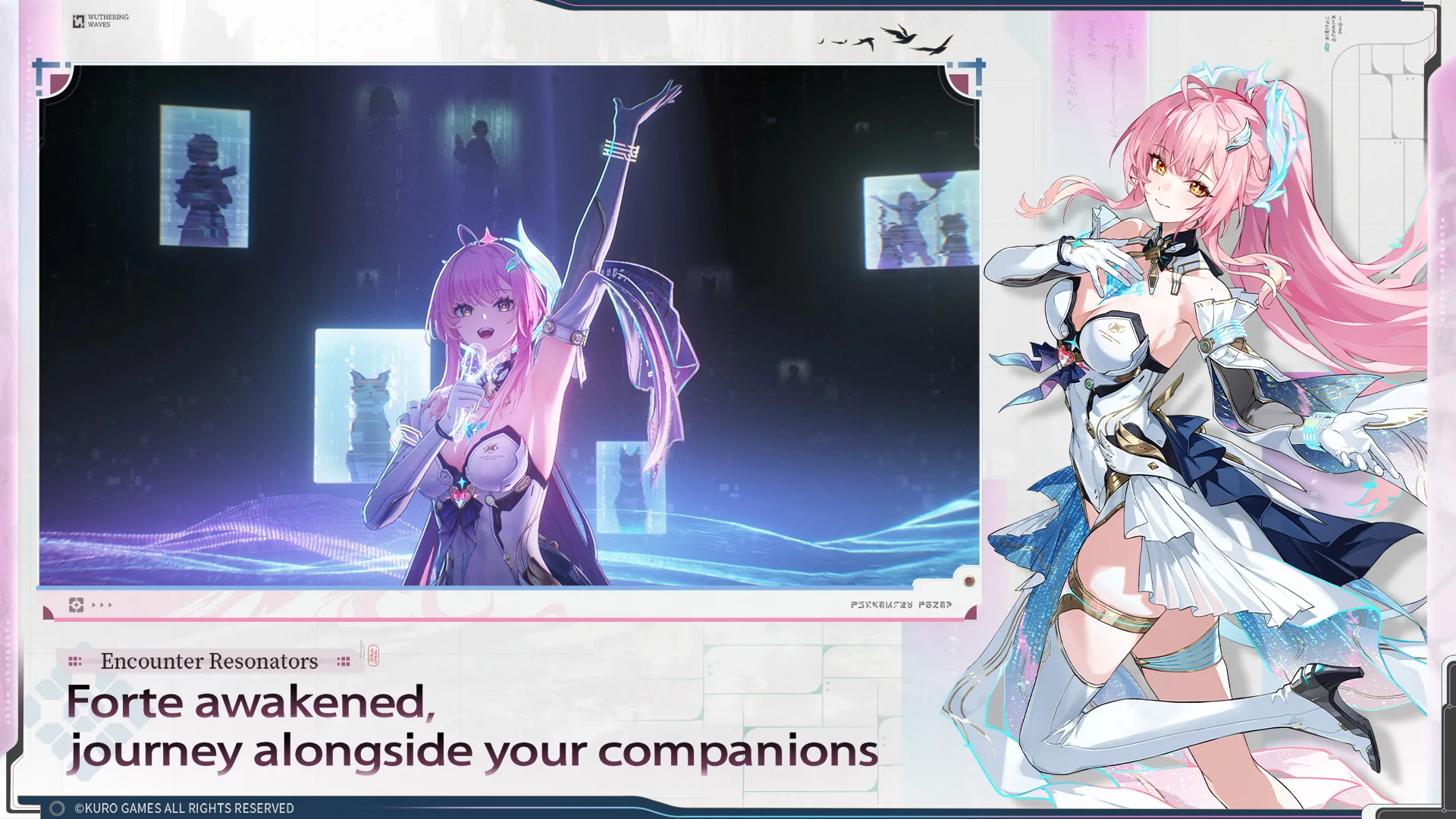 Pink-haired Resonator performing inside a digital space in Wuthering Waves