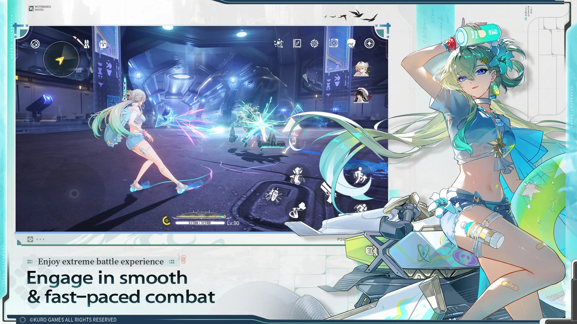 Resonator fighting enemies inside a futuristic Wuthering Waves arena