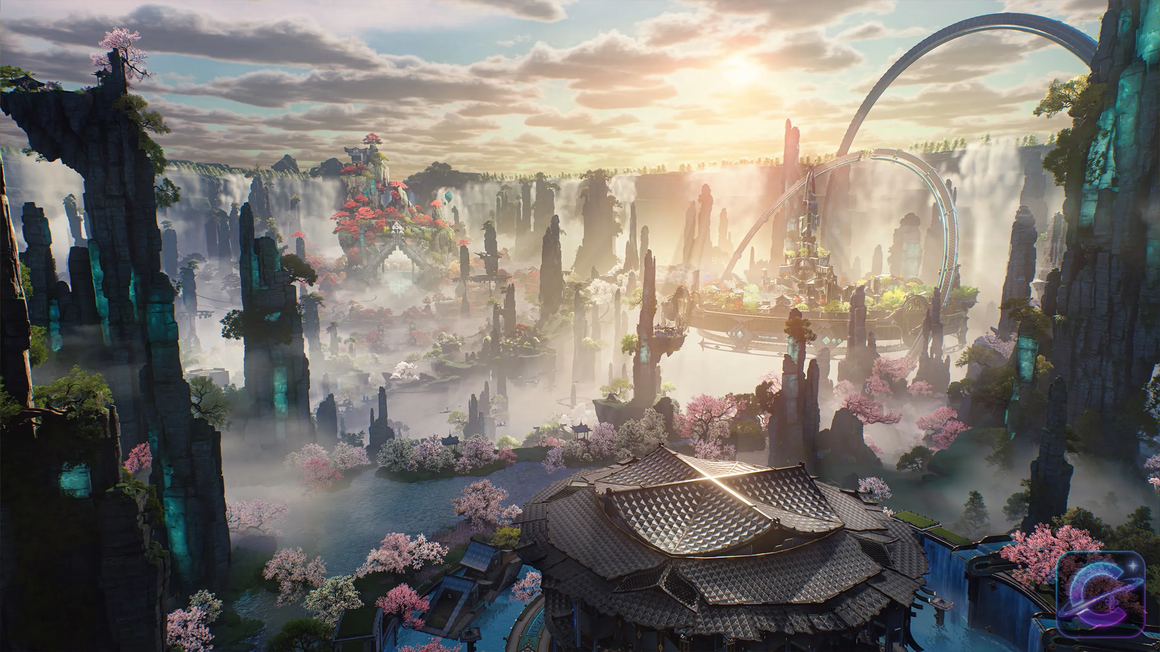 A wide Wuthering Waves landscape with cliffs, waterfalls, glowing structures, and a distant city