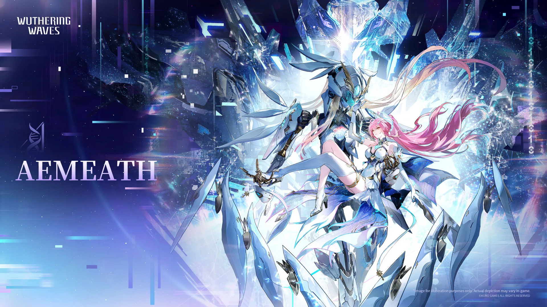 Aemeath poses in front of her large blue and white mechanical combat form.