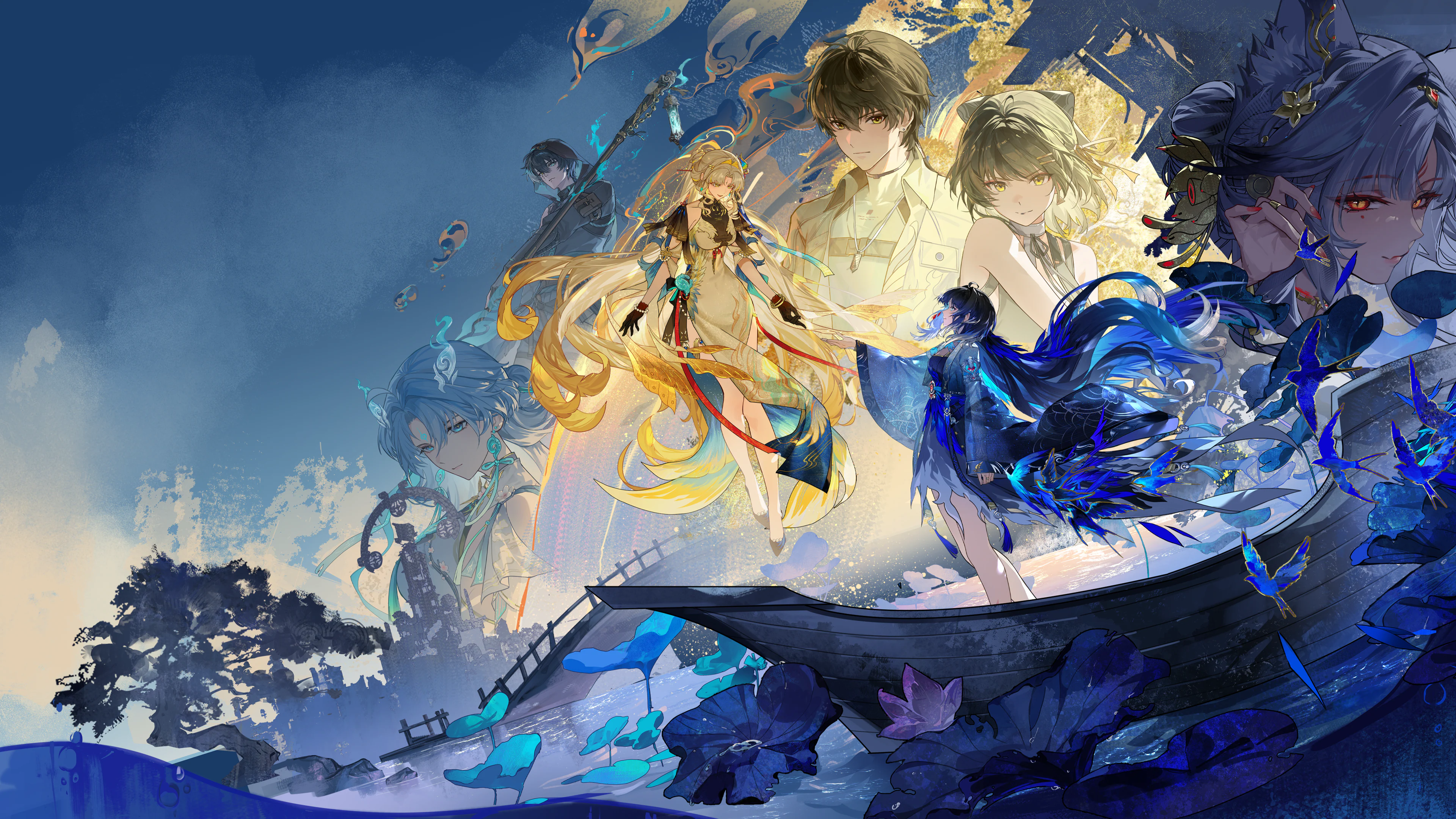 An ensemble of Wuthering Waves characters arranged across blue and gold promotional artwork.