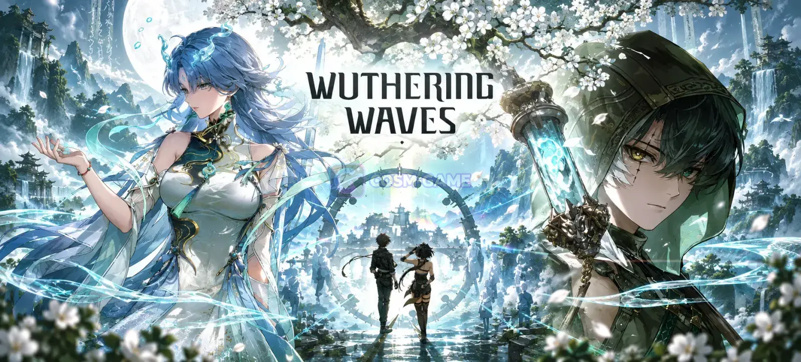 An ensemble of Wuthering Waves characters arranged across blue and gold promotional artwork.